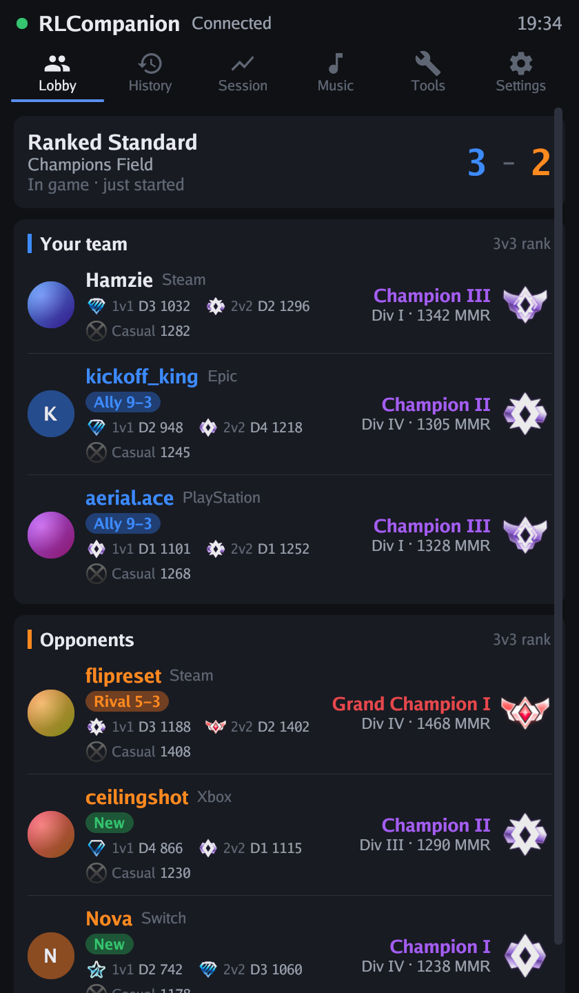 RLCompanion's Lobby tab during a Ranked Standard match: every player's rank logo, division and MMR, with Ally and Rival records